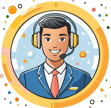 Friendly customer service representative with headset inside a circular frame vector