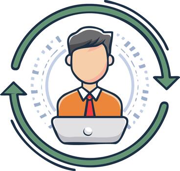 ilustrado usuario trabajando en ordenador portátil rodeado por actualizar flechas para sistema actualizar o flujo de trabajo mejoramiento vector