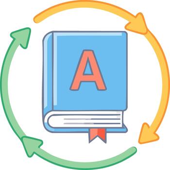 Textbook icon with initial A and surrounding arrows indicating learning cycle or academic transformation vector