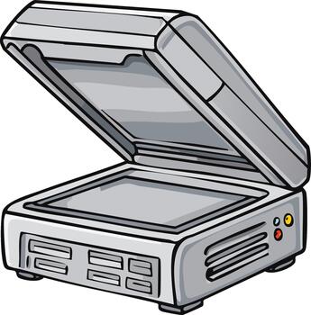 dibujos animados estilo escáner con un abierto tapa, demostración el vaso superficie para proceso de copiar documentos, arte, y imágenes vector