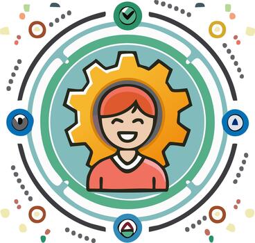 Smiling Character with Gear and Abstract Icons Representing System Settings and Optimization vector