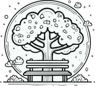 Simple black line art drawing of a park tree and bench within a decorative circular frame vector