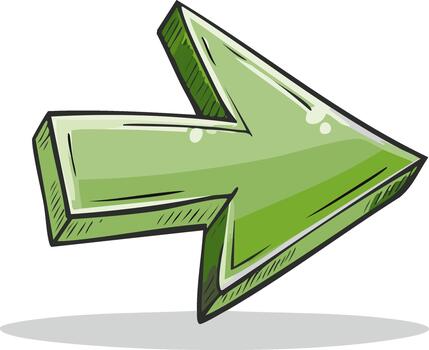 verde mano dibujado dibujos animados estilo 3d flecha señalando Derecha para navegación y Progreso vector