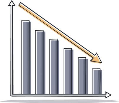 mano dibujado estilo bar grafico mostrando un continuo hacia abajo tendencia y datos disminución flecha vector