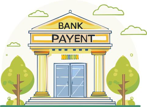 estilizado dibujos animados banco edificio con columnas y árboles, representando financiero servicios y pago vector