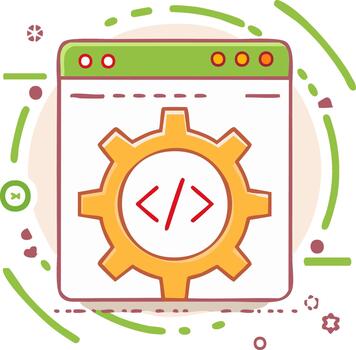 software codificación proceso representado con engranaje y código símbolos en vibrante ilustración, programación concepto, sitio web desarrollo, aplicación creación metáfora vector