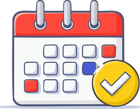 Cartoon calendar with yellow check mark icon for scheduling appointments and confirming dates vector