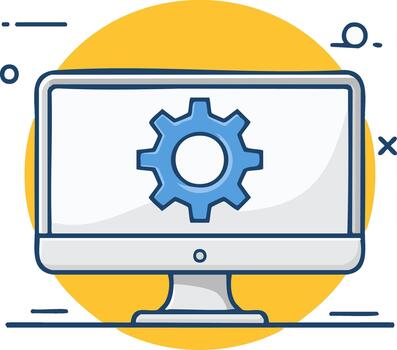 moderno computadora monitor mostrando azul engranaje icono con circular antecedentes para ajustes símbolo vector