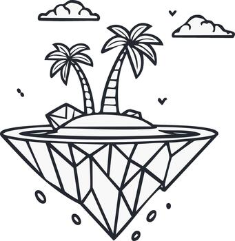 Floating island with palm trees and clouds in a diamond base vector