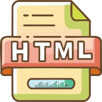 Illustrated HTML file icon with text and coding symbols vector