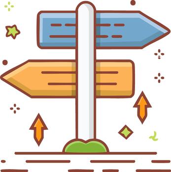 Directional signpost with arrows pointing left and right, indicating choices and options with a design vector