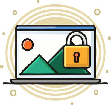 Laptop computer with padlock, mountains, and circle graphic, representing data security and protection vector