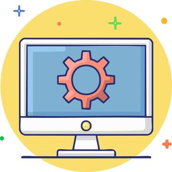 computadora con rueda dentada en pantalla software configuración y sistema ajuste preparar proceso concepto digital plano diseño vector