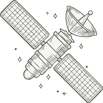 Hand drawn communication satellite with solar panels floating in space sketch vector