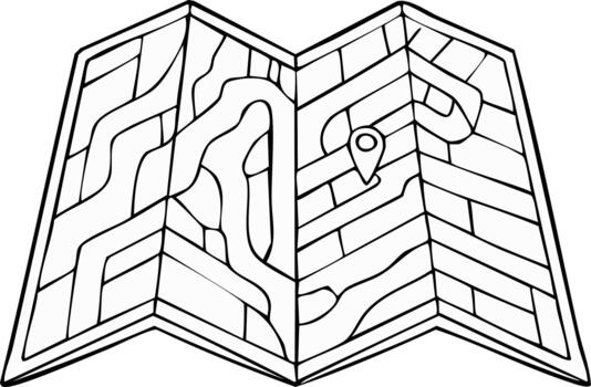 Folded paper map with a location pin for travel navigation and route planning exploration vector