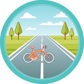 naranja bicicleta estacionado en un vacío la carretera con arboles y nubes en el antecedentes vector