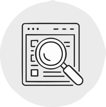 Hand drawn doodle icon of a magnifying glass searching a web browser for online information and data exploration vector