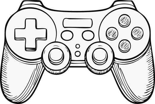 Black and white sketch of a game controller with digital buttons and analog sticks vector