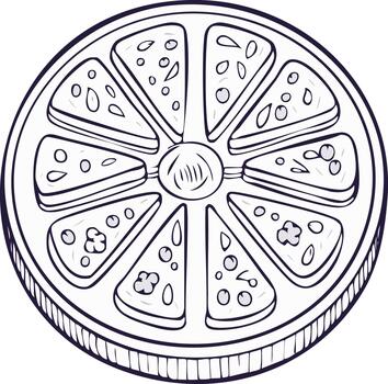 Stylized sketch of a citrus slice with seeds and segments in outline art vector