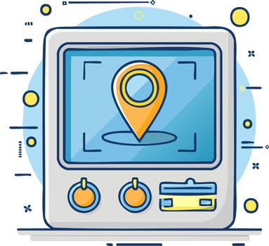 Retro style device screen showing a bright orange map pin icon for global navigation and location tracking vector