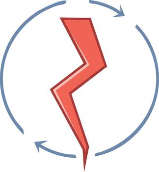 Stylized red lightning bolt inside a blue circle with arrows, representing rotation and power vector