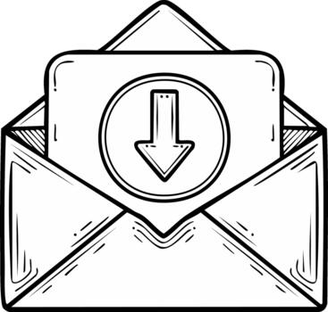 Email download illustration showing an open envelope and a document with a downward arrow vector