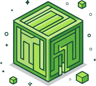 verde cubo gráfico con modelo y rodeando geométrico elementos vector