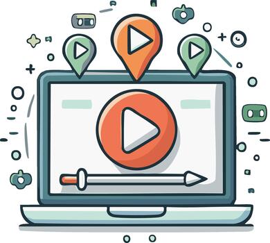 Laptop Displaying Large Play Button and Streaming Icons for Online Content vector