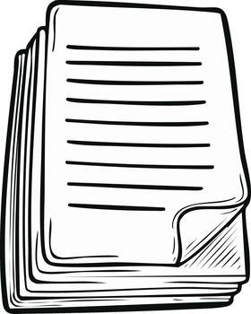 Stack of paper documents with lined text and a curled corner sketch illustration vector