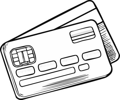 Outlined illustration of two bank cards with chip, contactless symbol, and space to write card number and name for financial concepts vector