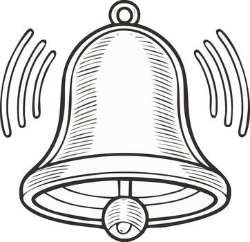 Ringing bell sketch with sound waves, classic notification signal for attention or alert vector