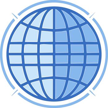 A blue globe icon with grid lines, stylized, encircled, representing global connectivity and international reach, simple design and a fresh color palette vector