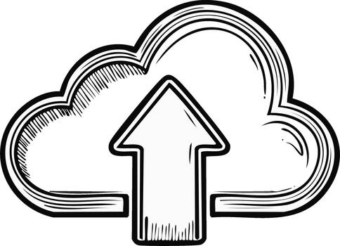 Hand drawn cloud with arrow pointing upwards, illustration for cloud computing and data transfer vector