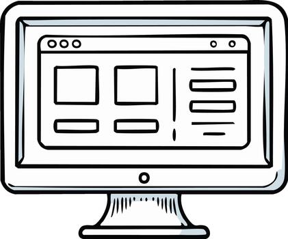 Hand drawn desktop computer monitor with website interface showing blocks and lines for digital design concept vector