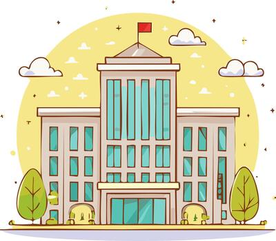 Cartoon building with a flag on top and trees on either side against a yellow sky with clouds vector