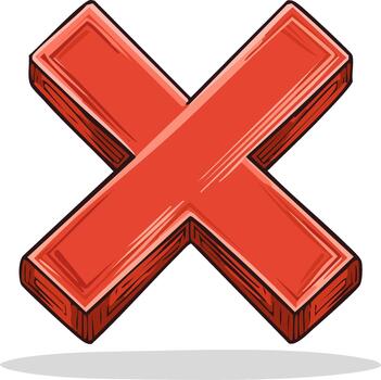 Hand-drawn 3D red X cross mark symbol for error and rejection vector