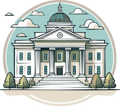 Illustration of a grand government building with dome, columns and clouds in a decorative style vector