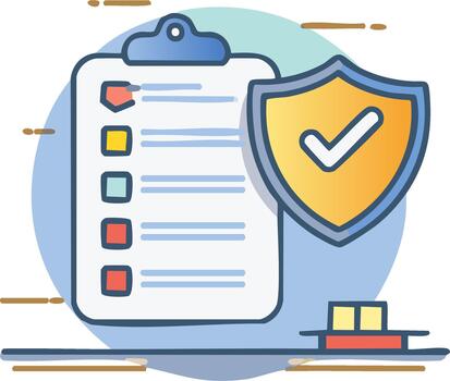 Checklist clipboard with protection shield and approval mark, data security concept vector