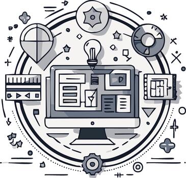 conceptual tecnología ilustración con computadora pantalla, bombilla, y diseño elementos vector