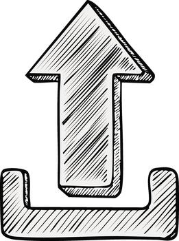 Hand drawn sketch of a 3D upload icon with an upward arrow symbol for file transfer vector