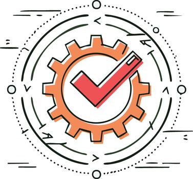Icon illustrating workflow and progress, with a red check mark in an orange gear wheel surrounded by circular arrows vector