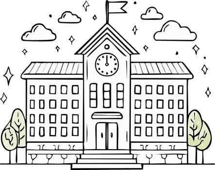 School Building Doodle Style Black Outline Architecture with Trees and Clouds vector