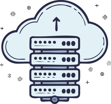 mano dibujado garabatear ilustración de un servidor estante subiendo datos a un nube para almacenamiento o hospedaje vector