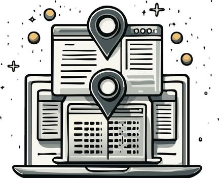Laptop with browser windows, Location Pinpoints, Data Charts, and Marker Icons for Digital Mapping vector