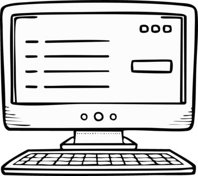Doodle Style Computer with Keyboard and Screen Displaying Data and Settings vector