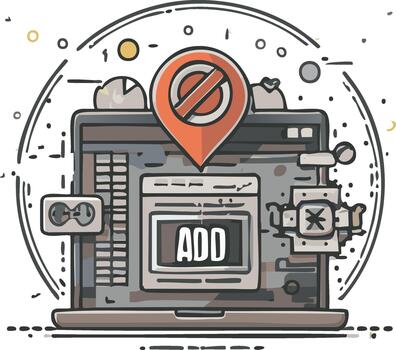 Creative Laptop Illustration with Add Functionality and Location Restriction Icon Overhead in Artistic Style vector