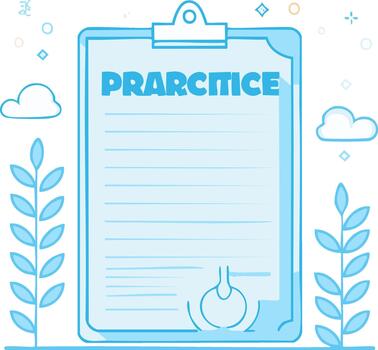 Practice sheet on a clipboard, leaves, clouds and shapes around. Paper document for training and education vector