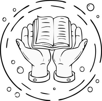 simbólico manos de plataforma un abierto libro con resumen circular elementos ilustración vector