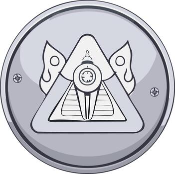 Mechanical futuristic emblem with a clock face and pyramid on a silver circular badge vector