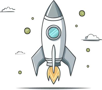 Cartoon rocket ship launching with fire and clouds in outer space with planets vector